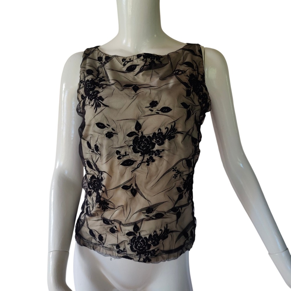 Carilyn Vaile Stretch Floral Illusion Lace Mesh Tank Top Boatneck Medium Black